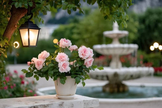 Pink roses illuminating a garden with a fountain in the background photo