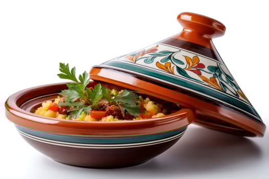 Traditional Moroccan tajine with couscous, meat and vegetables, served in a colorful ceramic dish photo
