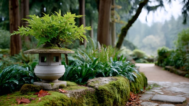Japanese stone lantern illuminating lush green garden path photo