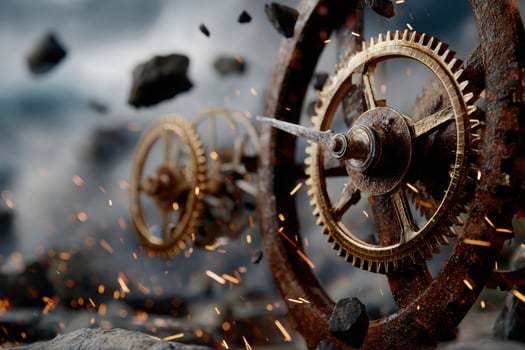 Fragmented clock gears spiral into chaos amidst a storm of sparks photo