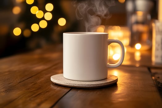 Steaming Mug on Wooden Table with Bokeh Lights and Warm Ambiance photo