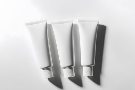 Three White Cosmetic Tubes with Shadows, Minimalist Product Phot photo