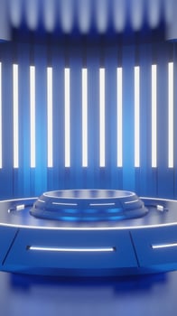 3d blue and glow luxury podium pedestal product display and blue box background 3d rendering photo