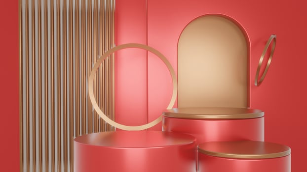 3s red and gold luxury podium pedestal product display and red box background 3d rendering. photo