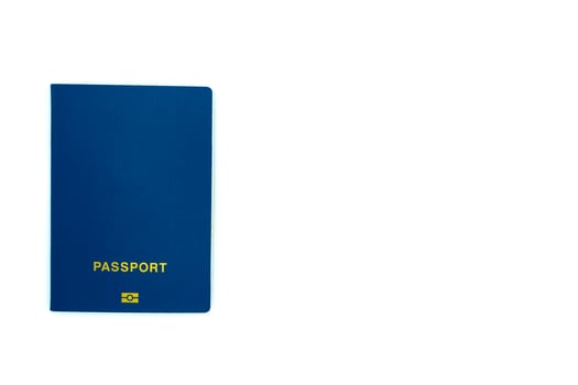 Blank blue passport on white background. Copy space for text photo
