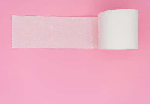 One toilet paper roll isolated on pink background. Pastel color. Hygiene concept photo