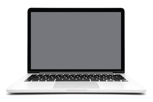 Laptop computer with grey screen isolated on white background photo