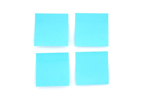 Four blank sticky notes isolated on white, front view adhesive paper with copy space photo