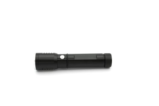 Modern black metal flashlight isolated on white photo