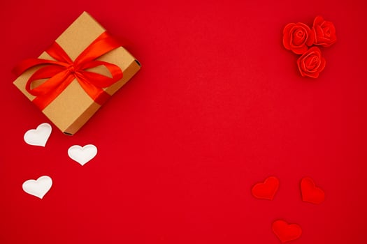 Beautiful gift box and hearts. Banner, flyer, beautiful postcard. The concept of holidays and love photo