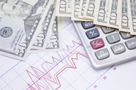 calculator with banknotes 10 dollar, 50 dollar for business and financial concept. photo