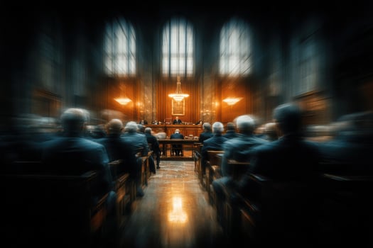 A blurry image of a courtroom with people sitting in chairs photo