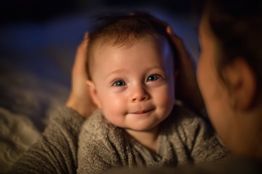 A baby is smiling while looking at the camera photo