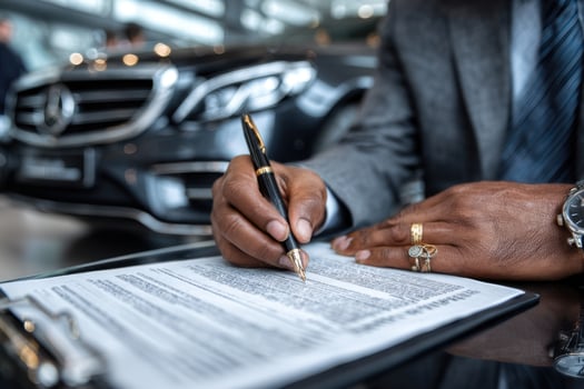 Man signing a contract with a car dealer photo