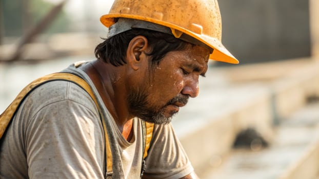 Construction worker male sweat tired helmet outdoor summer heat fatigue safety labor manual job. Heat stroke concepts photo