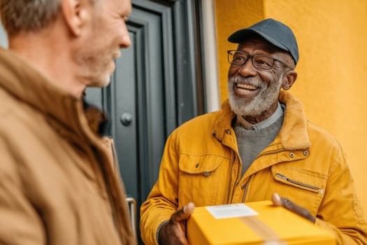 A smiling man handing a package to another man photo