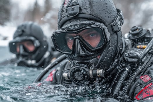 Two scuba divers in the water wearing scuba gear photo