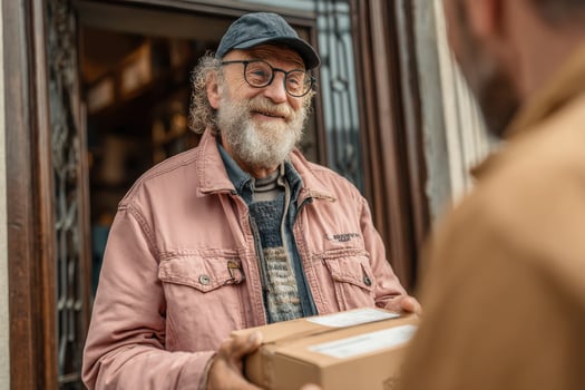 A man with a beard and glasses is holding a box photo