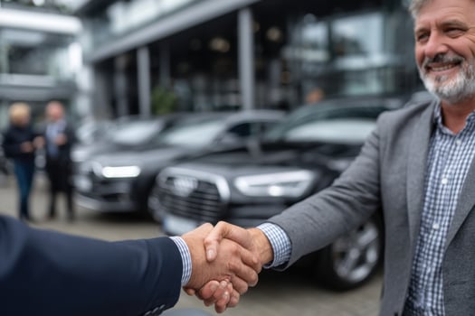 Two men shaking hands in front of a car dealership photo