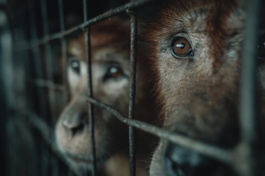 Two monkeys look through the bars of a cage photo