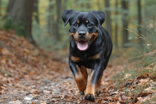 A rotweiler dog running through the woods photo