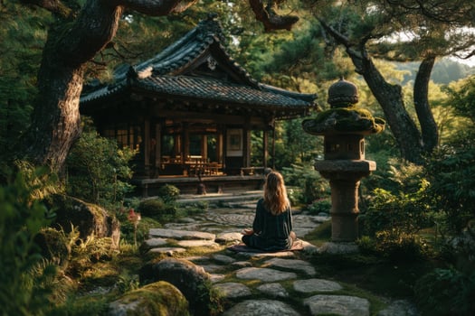 A woman sitting on the ground in front of a japanese pagoda photo