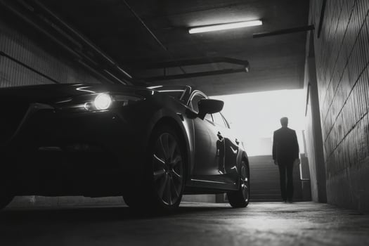 A man standing in front of a car in a dark garage photo