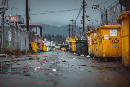 Garbage bins in a city street with a wet street photo