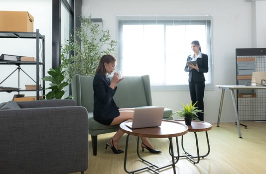 In a contemporary office, two young woman entrepreneurs are on a mission to generate ideas,55 photo