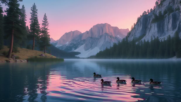 Ducks Swim on Mountain Lake Reflecting Pink Sky at Sunset photo