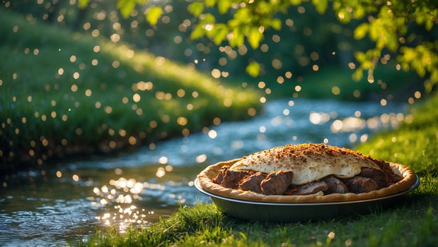 Delicious Savory Pie by Stream in Nature Setting Picnic Scene photo