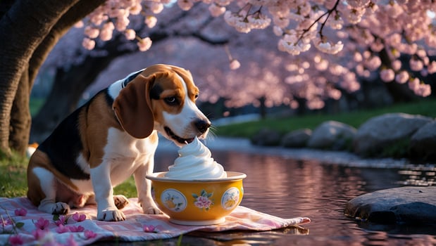 Dog Eating Ice Cream Under Cherry Blossoms by a Calm Stream photo