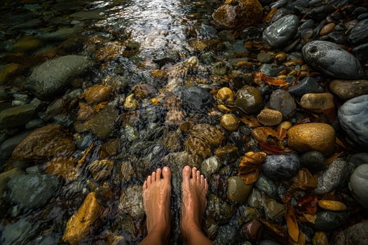 Relaxing in cool river water by smooth stones photo
