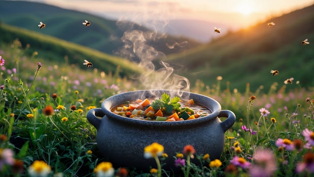 Steaming Vegetable Soup Pot Outdoors in a Field of Flowers at Sunset photo