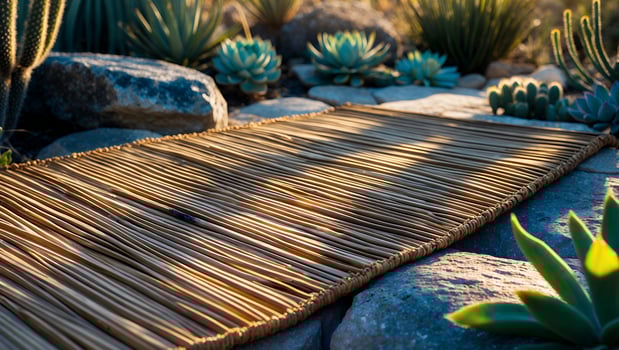 Walking on Reed Mat in Desert Garden with Succulent Plants photo