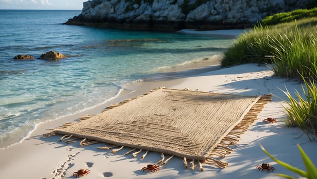 Seaside Woven Rug on Tropical Beach with Crabs and Turquoise Water photo