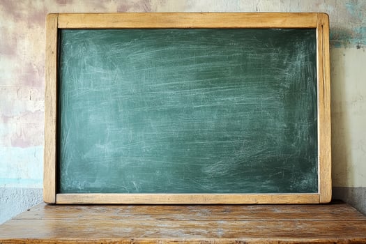 Weathered green chalkboard with a wooden frame sits on a rustic table, showcasing a clean surface ready for writing and teaching photo