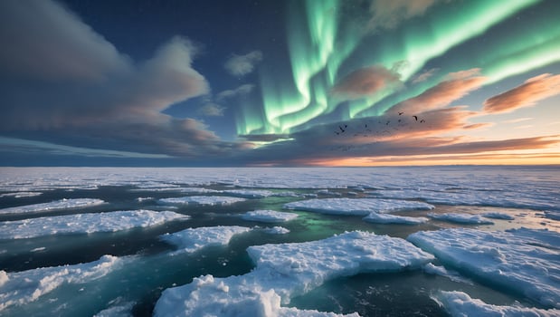 Ice Floes Landscape with Northern Lights and Birds Flying at Dusk photo