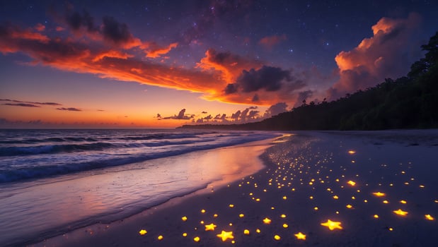 Sunset Beach Scene with Glowing Stars and Colorful Sky Reflection photo