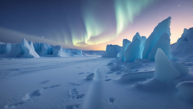 Aurora Borealis Over Frozen Landscape with Ice Formations at Night photo