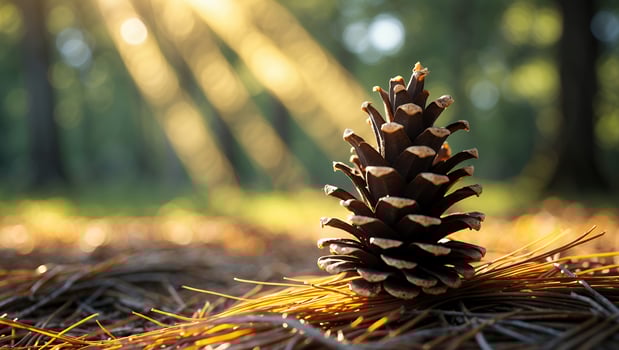Pine Cone on Pine Needles with Sunlight in Forest Scene photo