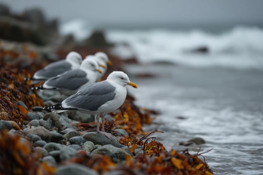 A group of seagulls standing on the rocks near the ocean photo