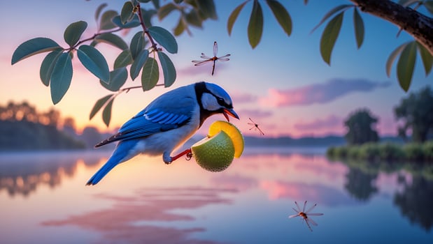 Bird Eating Fruit by Calm Lake at Colorful Sunset Scene photo