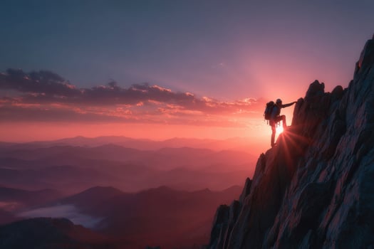 A man is standing on the edge of a mountain at sunset photo