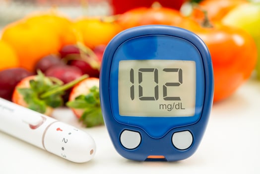 digital glucose monitor measure with vegetable fruit healthy food. photo