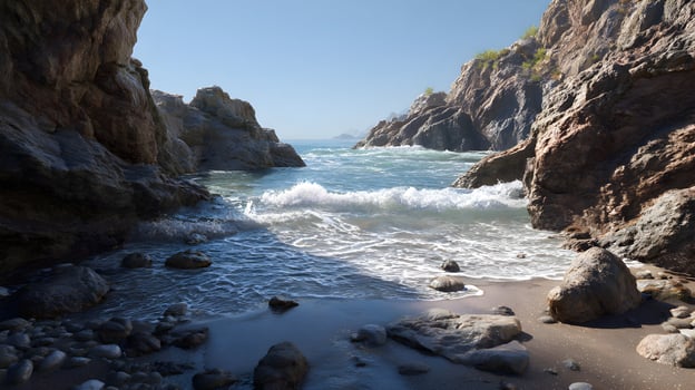 Secluded cove with rocky cliffs meets crashing waves on a sun drenched tranquil tropical beach photo