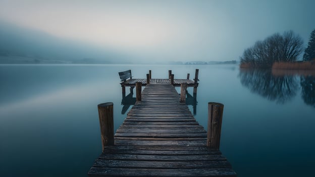Misty lake with wooden pier and a bench invites to contemplation and relaxation in nature photo