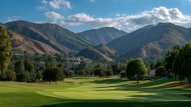 Scenic golf course nestled in a valley surrounded by majestic mountains and clear blue sky photo