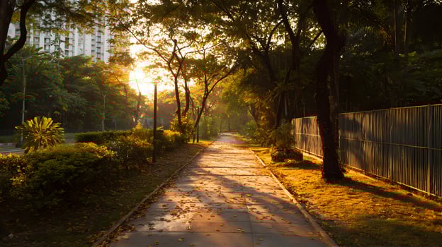 Golden hour paints a serene pathway lined with lush trees and greenery in an urban landscape photo