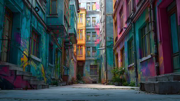 Vibrant alleyway in a colorful city beckoning exploration and discovery through its charming streets photo